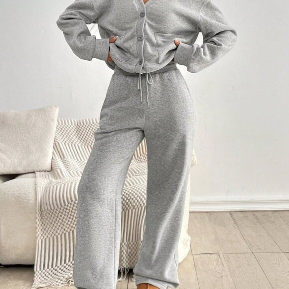 Grey Casual Women's Set Outfit V-Neck Buttoned Top With Pockets - Picture 4 of 6